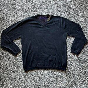Robert Graham Black 100% Wool VNeck Sweater Men L Coastal Preppy Normcore Classy